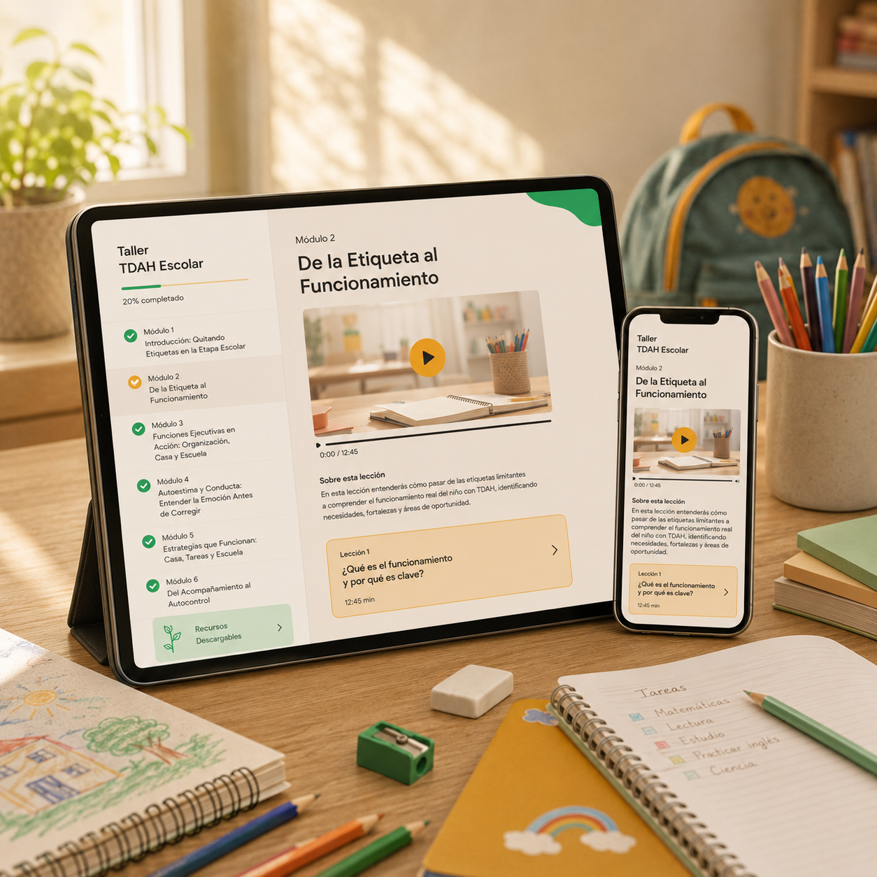 Tablet y celular mostrando el Taller TDAH Escolar de Sin Etiquetas, rodeados de útiles escolares en un ambiente familiar